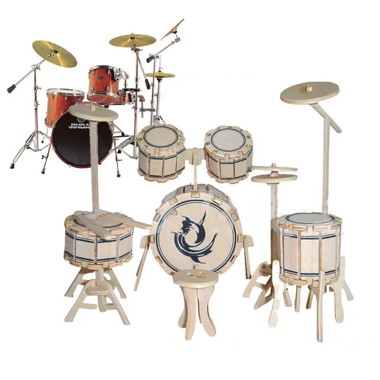 Wooden drum set model kit and real brown drum set with cymbals on white background