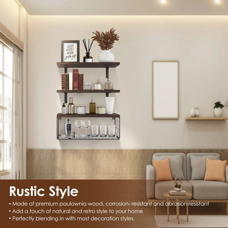 Modern living room with rustic wood wall shelves, neutral sofa, and minimalist decor.