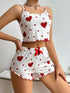 White ribbed tank and shorts set with red heart print, ruffle trim, relaxed fit