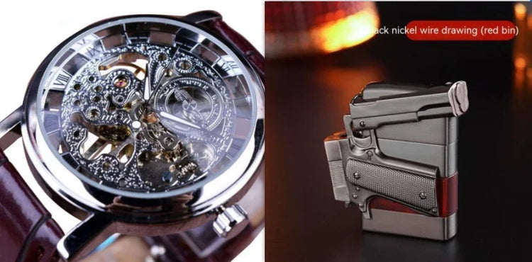 Close-up of a skeleton dial wristwatch with brown leather strap and a metallic gun-shaped lighter.