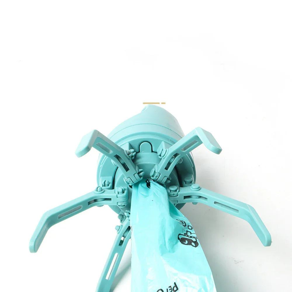 Aqua blue robotic arm device gripping a matching plastic bag against a white background.