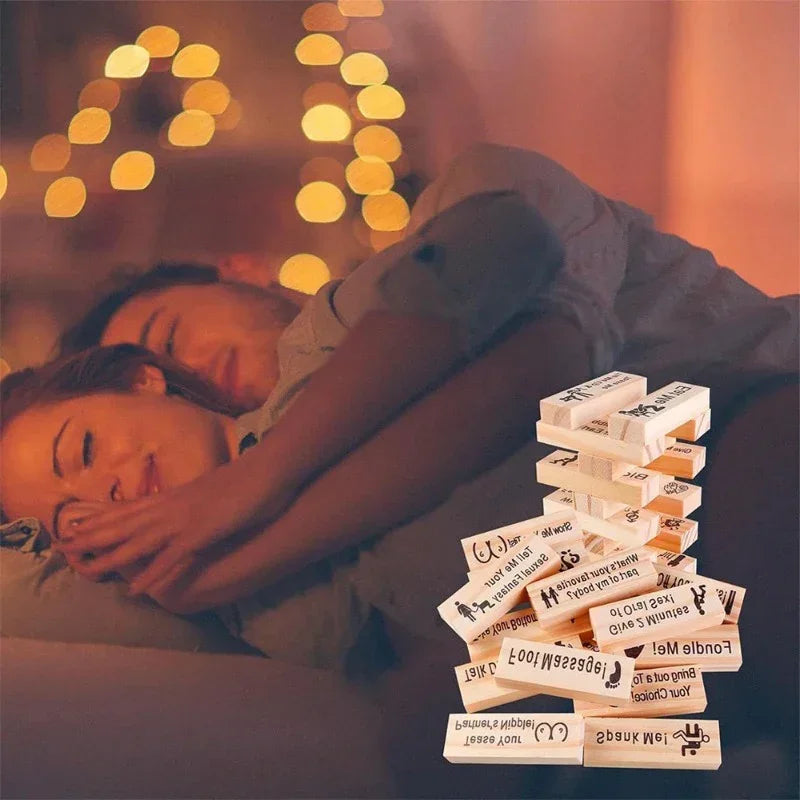 Couple cuddling in casual streetwear, soft cotton shirts, cozy indoor setting with game blocks