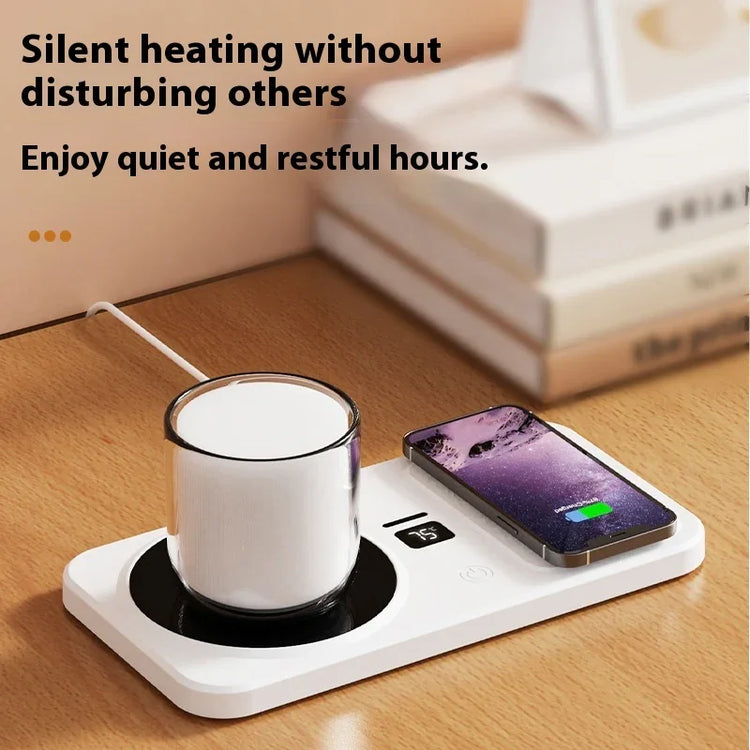 Desk with white mug warmer and wireless phone charger, minimalist tech accessory