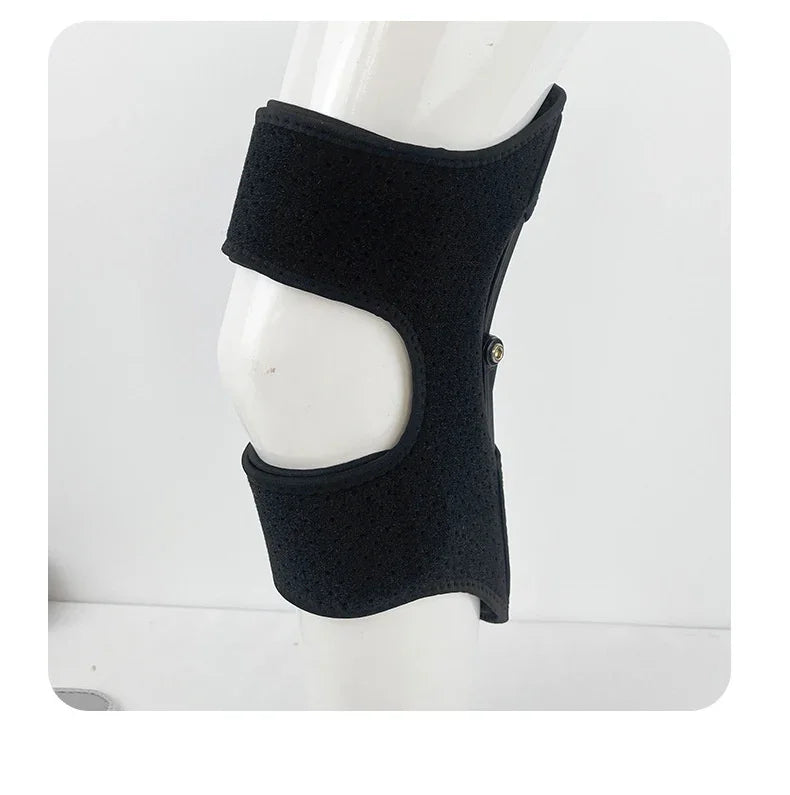 Black neoprene adjustable knee support wrap with open patella, snug athletic fit