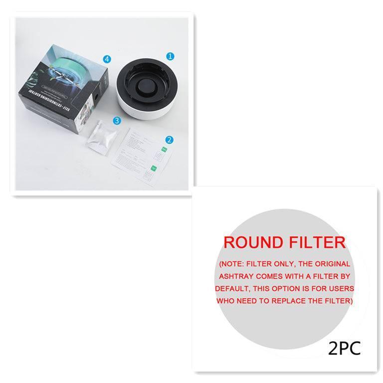 Round replacement filter set for ashtray, includes black and white components, instructions, packaging.