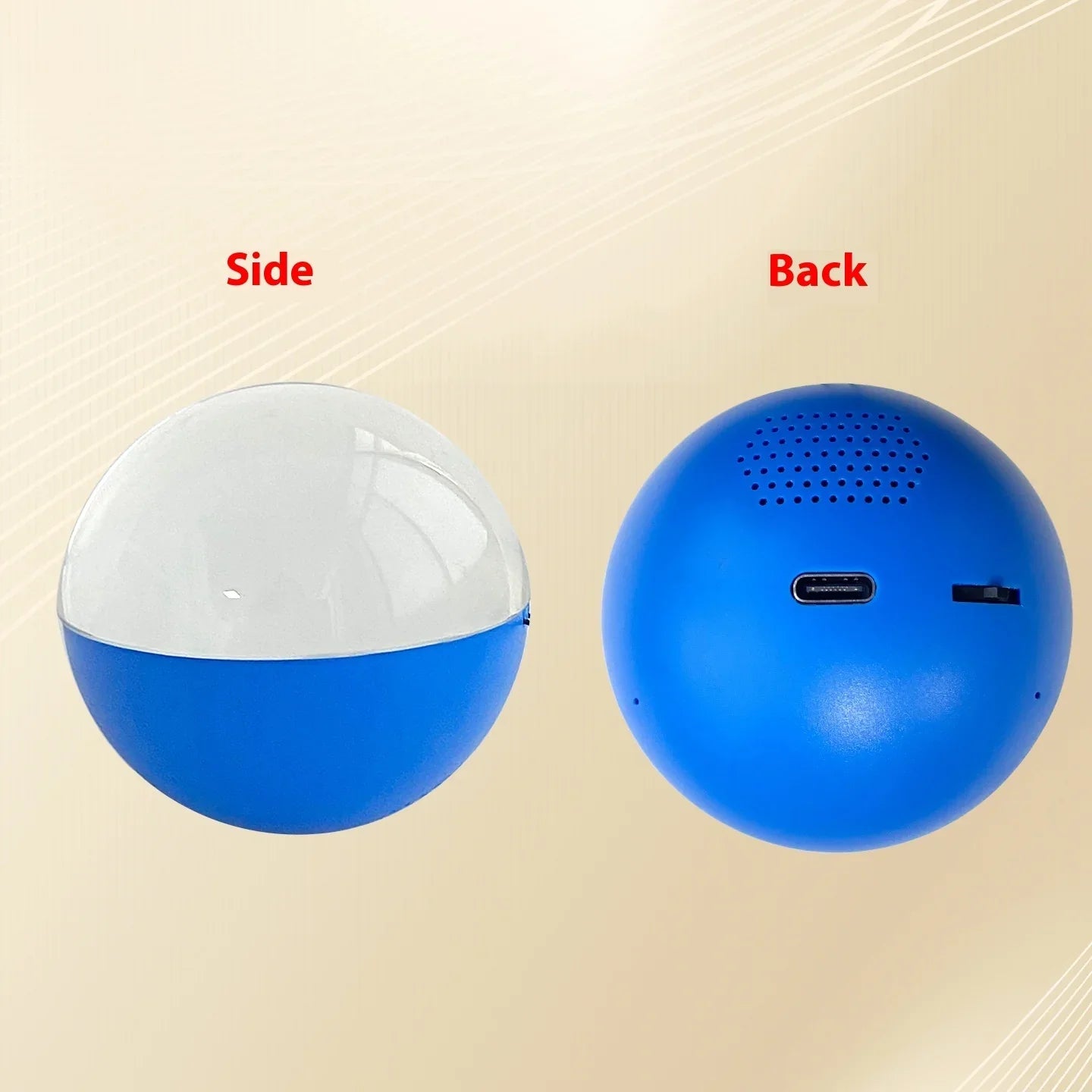 Round blue and white tech gadget with USB port, shown from side and back views on neutral background.