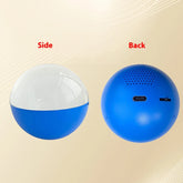 Round blue and white tech gadget with USB port, shown from side and back views on neutral background.