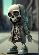 Skeleton figure wearing olive green streetwear hoodie and gray sneakers, urban style