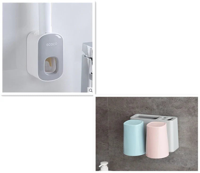 Bathroom wall-mounted organizer with toothpaste dispenser and pastel blue and pink cups