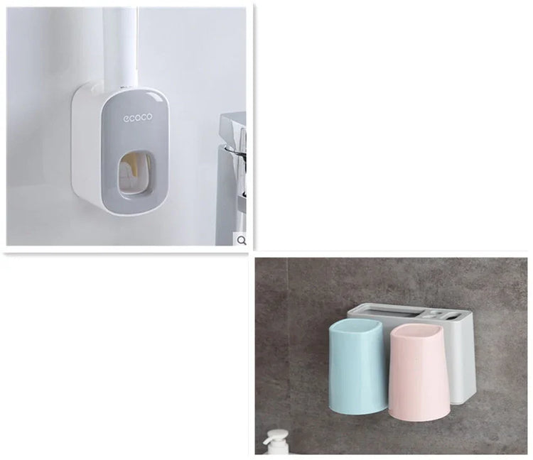 Bathroom wall-mounted organizer with toothpaste dispenser and pastel blue and pink cups