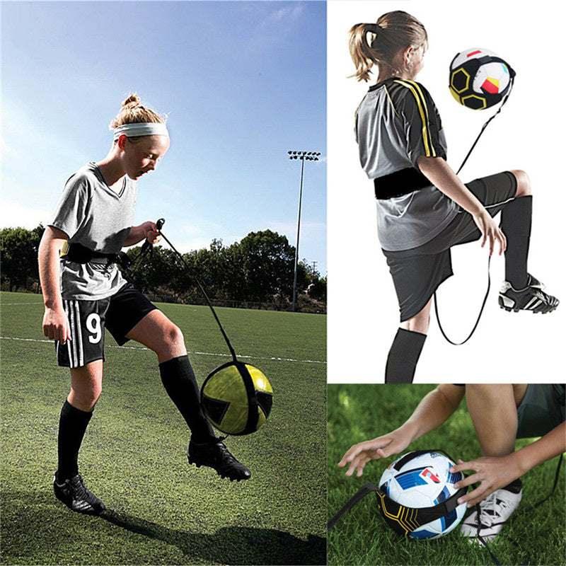 Youth wearing loose fit gray athletic shirt and black shorts using soccer training belt outdoors.