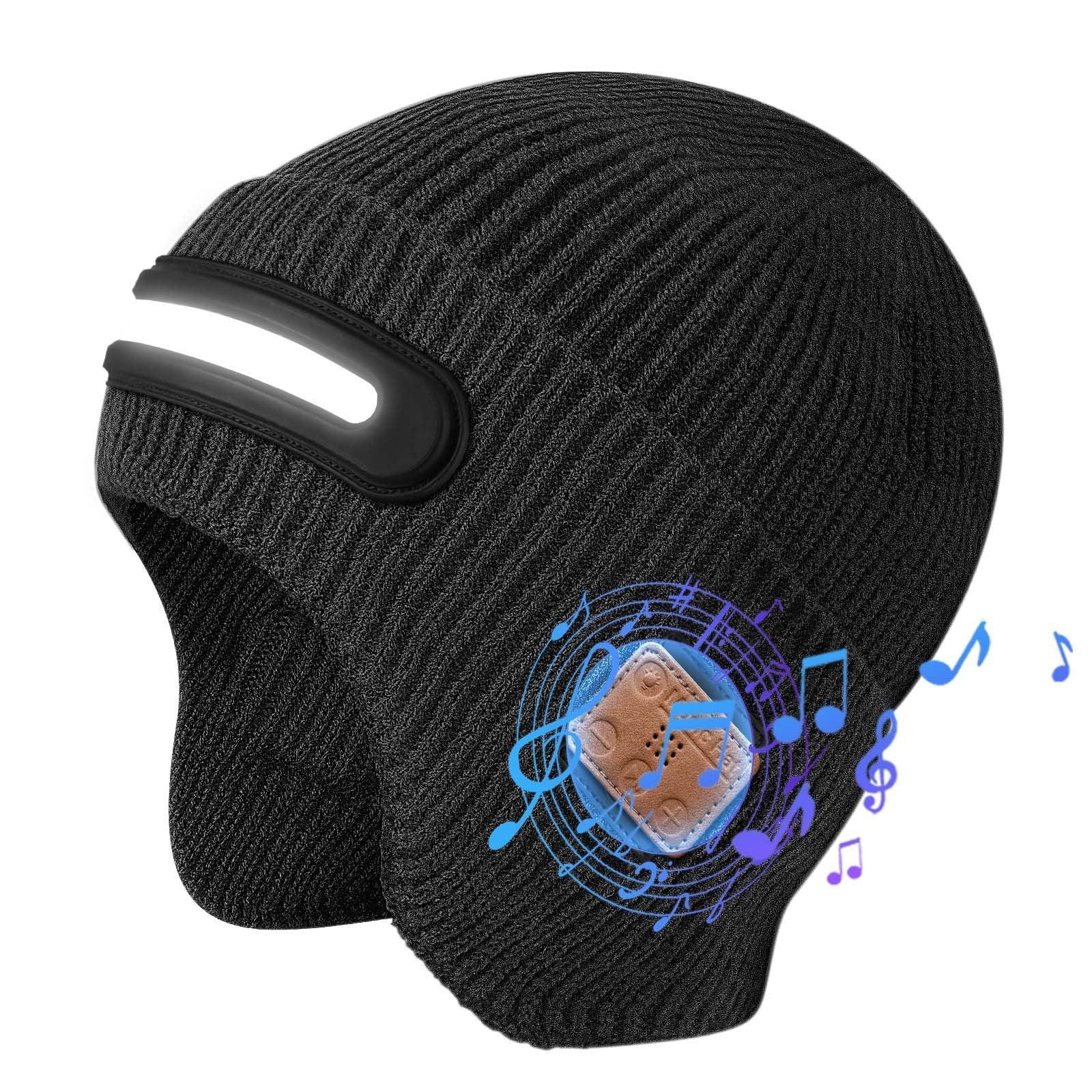 Black knit beanie with built-in headphones and reflective accent, tech streetwear style