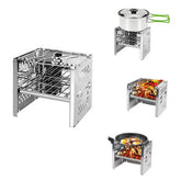 Stainless steel portable camping stove with grill, pot, and frying pan cooking options.