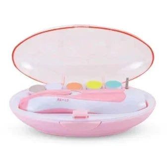 Pink and white compact nail care kit with colorful attachments in an oval case