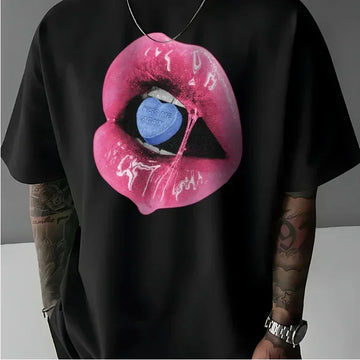 Black oversized streetwear t-shirt with bold pink lips and blue candy graphic print, relaxed fit