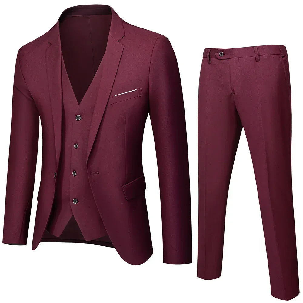 Slim fit burgundy three-piece suit with blazer, vest, and trousers, formal men's style