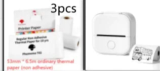 White portable mini thermal printer with paper rolls, compact tech accessory setup.
