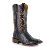 Black leather cowboy boot with textured finish, brown stitching, and square toe design