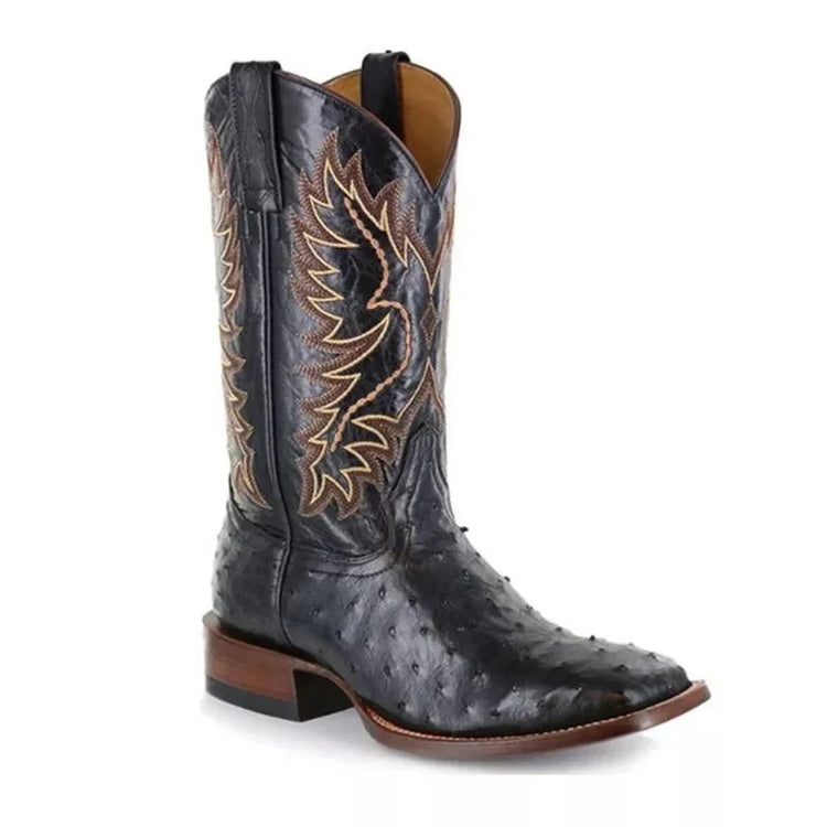 Black leather cowboy boot with textured finish, brown stitching, and square toe design