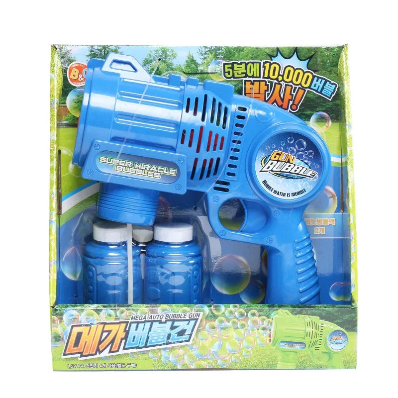 Blue plastic automatic bubble gun toy set with two refill bottles in box packaging