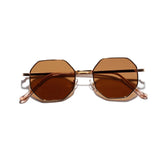 Octagon brown sunglasses with gold metal frame and tinted lenses, modern streetwear accessory