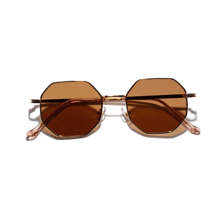 Octagon brown sunglasses with gold metal frame and tinted lenses, modern streetwear accessory