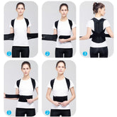 Woman demonstrating how to wear spine bending posture corrector with adjustable straps in front and back views