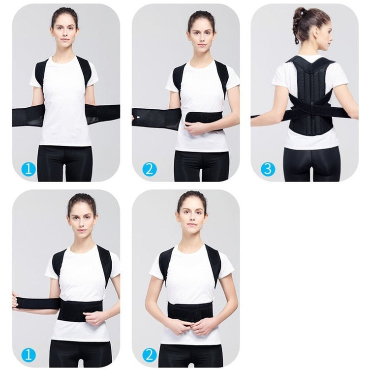 Woman demonstrating how to wear spine bending posture corrector with adjustable straps in front and back views