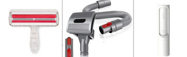 Pet hair removal tools and vacuum cleaner accessories with red and gray plastic parts