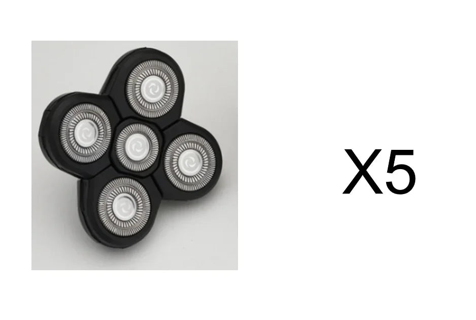 Black rotary shaver head replacement with five circular silver blades on white background