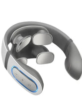 Futuristic gray neck massager device with soft silicone pads and control buttons