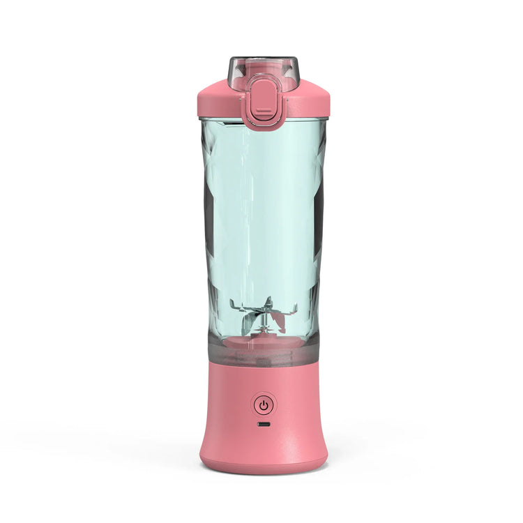 Pink portable blender with clear plastic bottle and power button, modern design
