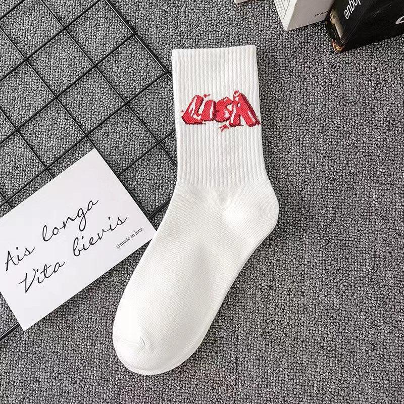 White ribbed crew sock with red graphic text, cotton blend, streetwear style