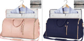 Two large travel duffel bags in pink and navy, made of smooth fabric, with garment sleeve and hanging garment inside, displayed with matching mesh pouch.