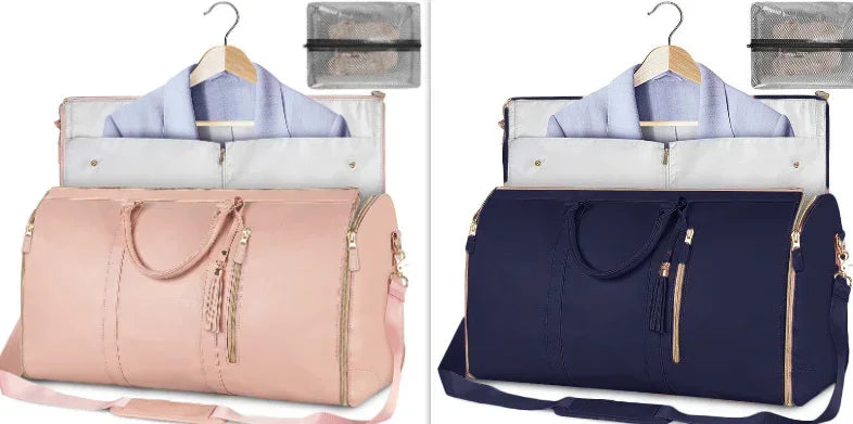 Two large travel duffel bags in pink and navy, made of smooth fabric, with garment sleeve and hanging garment inside, displayed with matching mesh pouch.