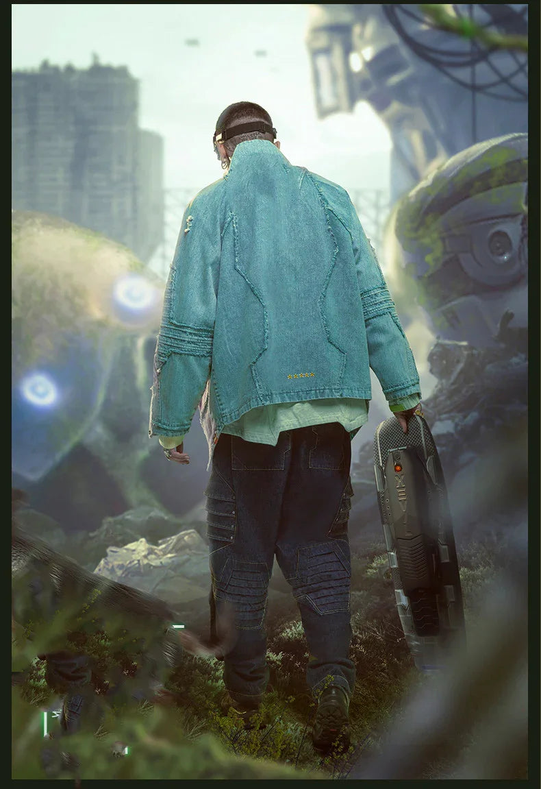 Man in oversized blue denim jacket and cargo jeans, futuristic streetwear style, outdoors