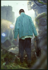 Man in oversized blue denim jacket and cargo jeans, futuristic streetwear style, outdoors