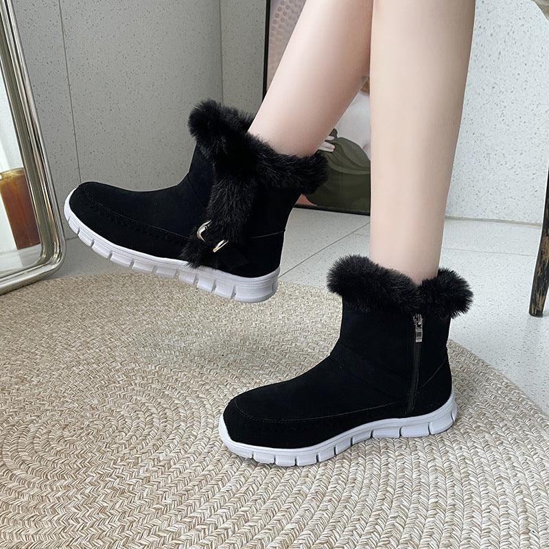 Black faux fur ankle boots with white soles, suede material, casual fit