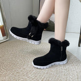 Black faux fur ankle boots with white soles, suede material, casual fit