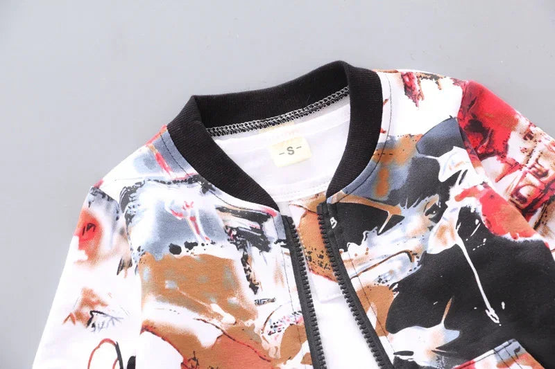 Abstract print bomber jacket with black collar, zip front, multicolor streetwear style