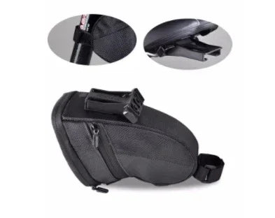 Black bike saddle bag with zipper, textured material, and adjustable strap attachment.