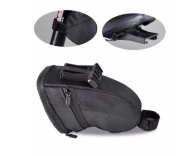 Black bike saddle bag with zipper, textured material, and adjustable strap attachment.