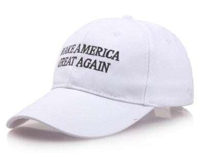 White cotton baseball cap with curved brim and embroidered black text, relaxed fit
