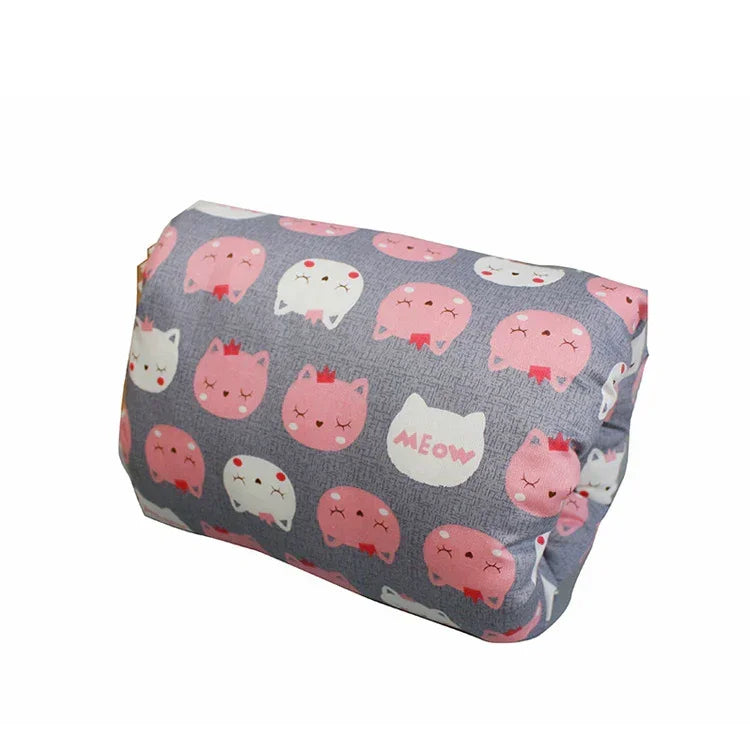 Gray fabric pouch with pink and white cat face print, soft material, rectangular shape