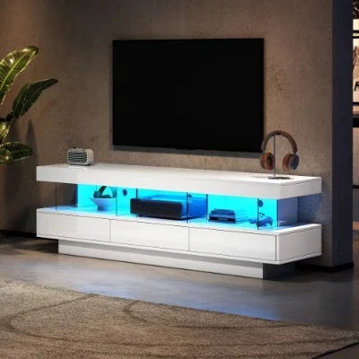 Modern white TV stand with blue LED lighting, glass shelves, and clean minimalist design