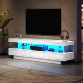 Modern white TV stand with blue LED lighting, glass shelves, and clean minimalist design
