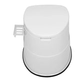White plastic portable toilet with a compact design and side attachment, shown on a white background.