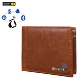 Brown leather smart wallet with wireless and Bluetooth features, slim bifold design
