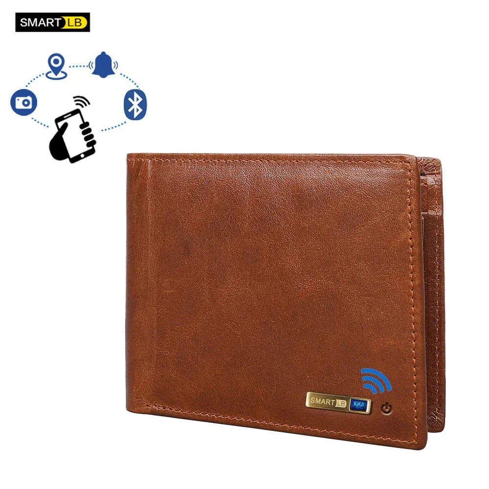 Brown leather smart wallet with wireless and Bluetooth features, slim bifold design