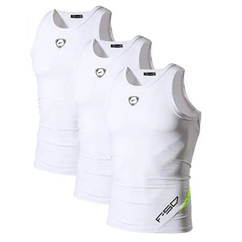 Three white sleeveless compression tank tops with fitted athletic cut and minimal graphic details